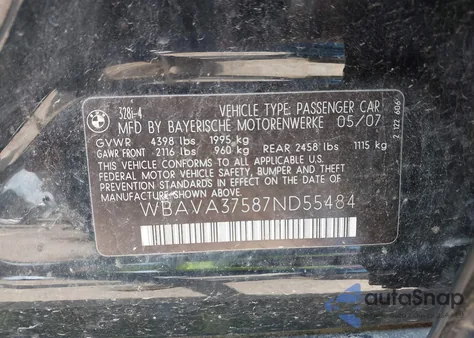 2007 BMW 328I из США, поврежденный, VIN WBAVA37587ND55484